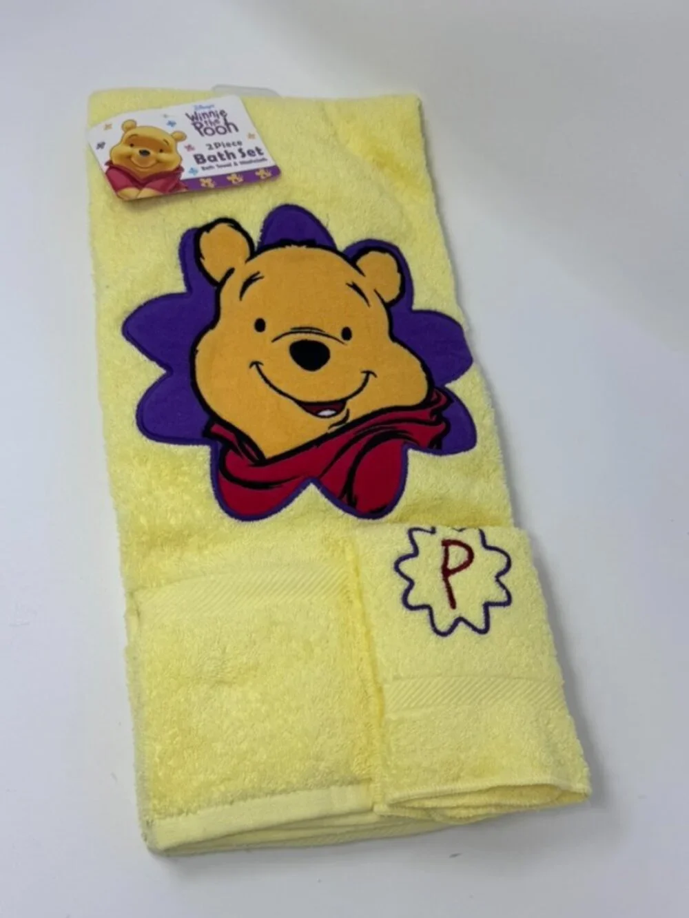 Vtg Disney Winnie The Pooh Soft Yellow Bath Towel & Washcloth, Cotton 90's NEW